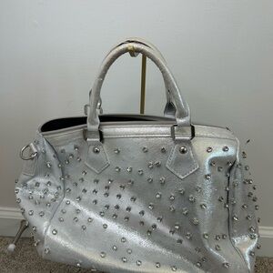 Metallic Silver Studded Women's Satchel Bag